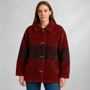 Mulberry Street Women’s M Fleece Jacket Burgundy Aztec Chevron Toggle Heavy Cozy